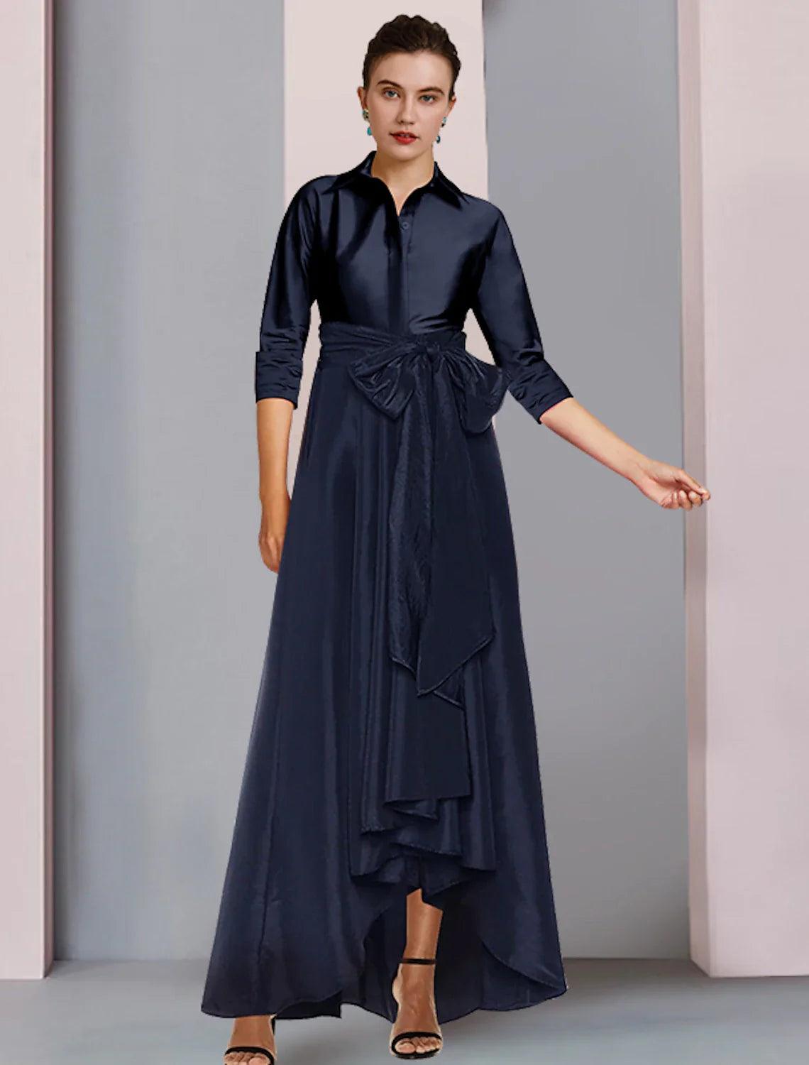 Vestido elegante para madre de la novia, talla grande, cuello camisero alto bajo, asimétrico, largo hasta el suelo, satén, manga 3/4, con faja/cinta, lazo(s), pliegues.