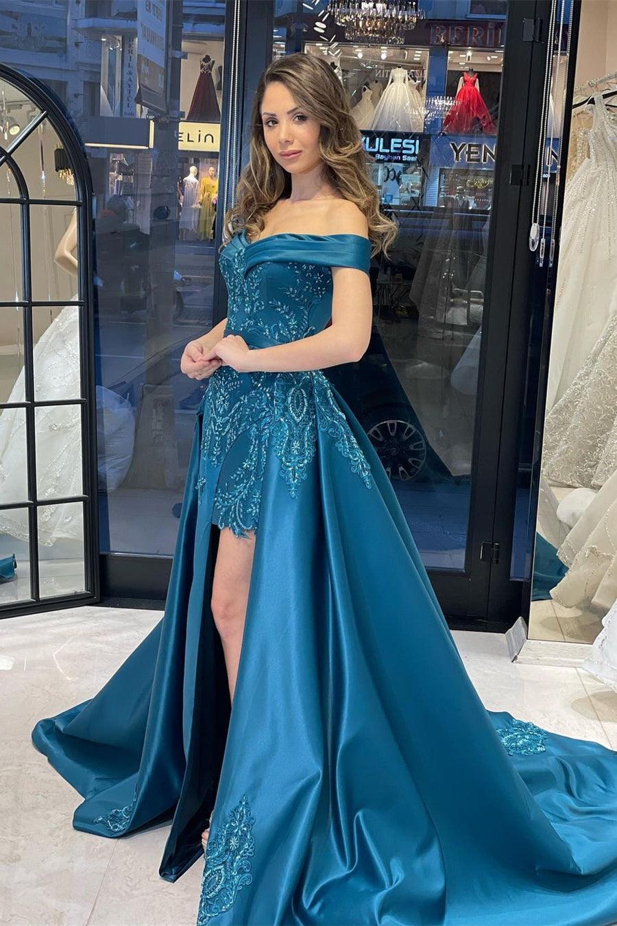 Schickes bodenlanges, schulterfreies, herzförmiges Ballkleid mit Schleife und Applikationen