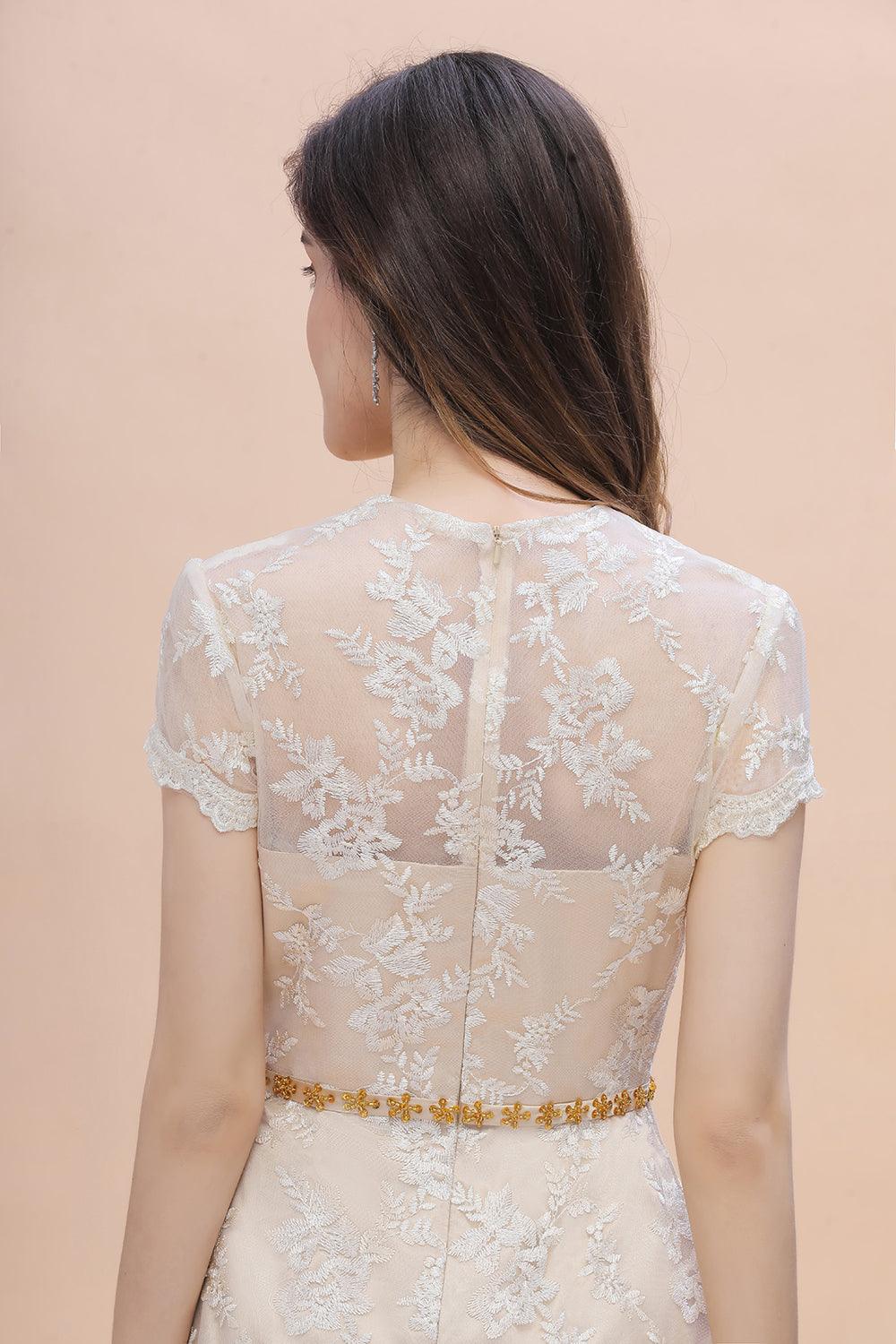 Chic Jewel Tulle Lace Beadings Mother of Bride Dress with Short Sleeves Online