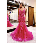 NumberSea - Chic Lace Applique V - neck Straps Mermaid Evening Party Prom Dress