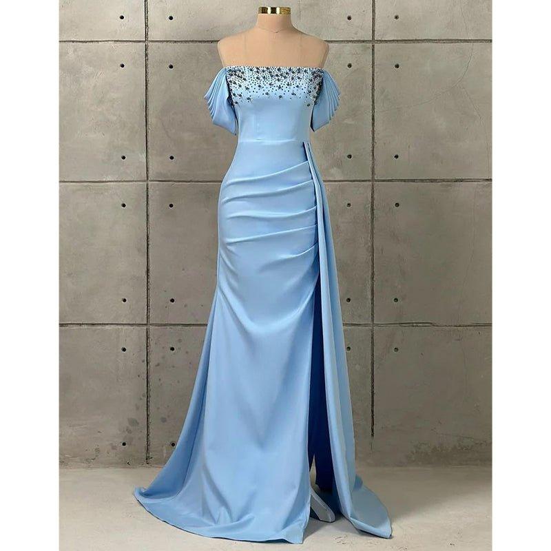 NumberSea-Chic & Modern Off-shoulder Beaded Satin Long Prom Evening Dress Light Green NumberSea-Chic & Modern Off-shoulder Beaded Satin Long Prom Evening Dress Light Green