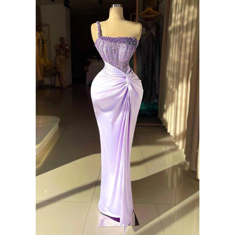 NumberSea - Chic & Modern One Shoulder Beaded Illusion Lilac Pleats Satin Prom Dress