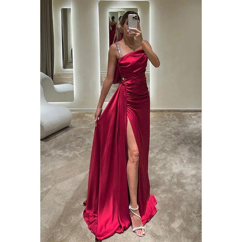 NumberSea - Chic & Modern Satin Straps Pleats Long Prom Dress Evening Dress with Slit