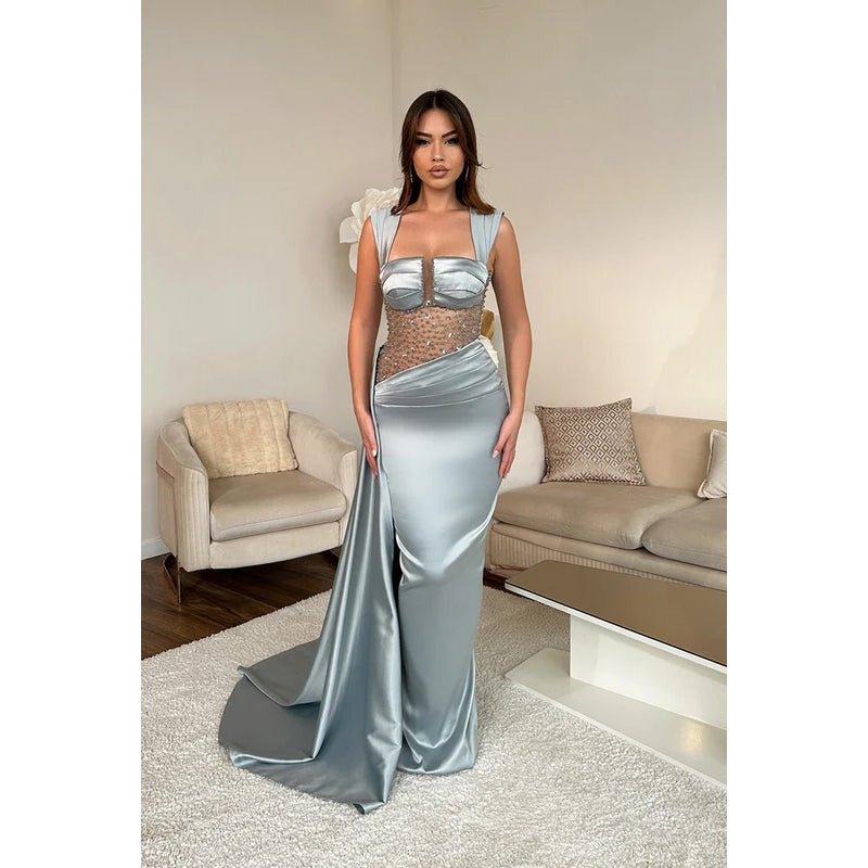 NumberSea - Chic & Modern Sheath Square Illusion Beaded and Draped Long Formal Party Prom Dress with Ove