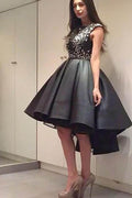 Vestido de fiesta elegante, moderno, con cuentas brillantes, de organza negra, de corte alto y bajo