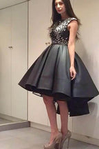 Vestido de fiesta elegante, moderno, con cuentas brillantes, de organza negra, de corte alto y bajo
