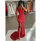NumberSea - Chic & Modern Strapless Beaded Red Long Formal Dress Floor Length