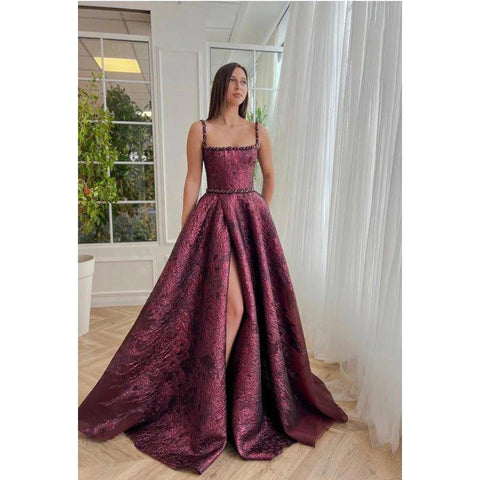 NumberSea - Chic & Morden Spaghetti Straps Square Long A - line Formal Prom Dress With Side Slit
