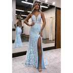 NumberSea - Chic Morden V - Neck Spaghetti Straps Side Slit Applique Formal Prom Dress