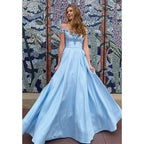NumberSea - Chic Off - the - shoulder A - line Sky Blue Satin 3d Appliques Long Prom Dress