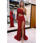 NumberSea - Chic One Shoulder Long Sleeves Sequins Burgundy Prom Dress Long