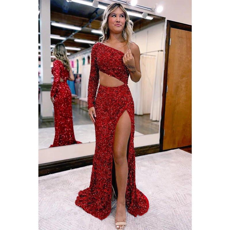 NumberSea - Chic One Shoulder Long Sleeves Sequins Burgundy Prom Dress Long