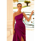 NumberSea - Chic One Shoulder Satin Pleats Long Mermaid Prom Formal Dress with Slit