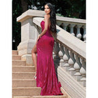 NumberSea - Chic One Shoulder Sequins Side Slit Mermaid Formal Evening Dress Glitter