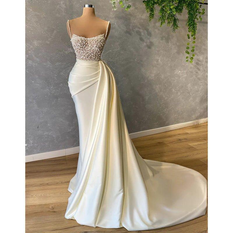 NumberSea - Chic Pearls Straps Satin Pleats Long Evening Gowns with Split Prom Gowns