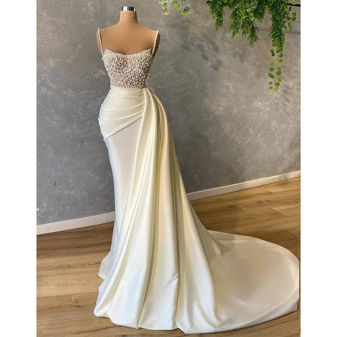 NumberSea - Chic Pearls Straps Satin Pleats Long Evening Gowns with Split Prom Gowns