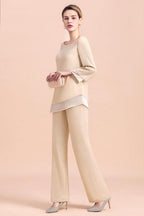 Chic Round-Neck Champagne Chiffon Mother of Bride Jumpsuit Online