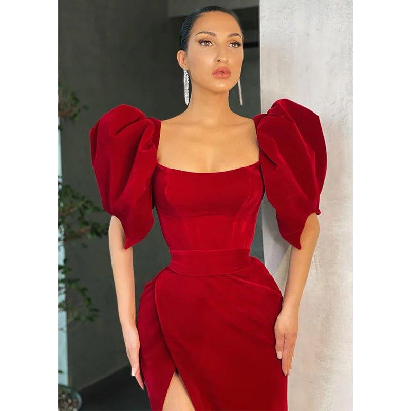 NumberSea - Chic Scoop Puffy Sleeves Vintage Formal Evening Gowns with Slit