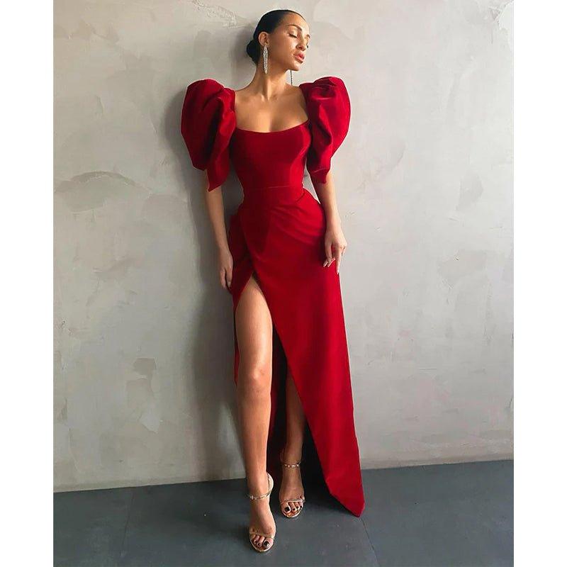 NumberSea - Chic Scoop Puffy Sleeves Vintage Formal Evening Gowns with Slit
