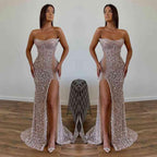 Chic Sequined Floor Length Strapless A-line Prom Dress with Front Slit