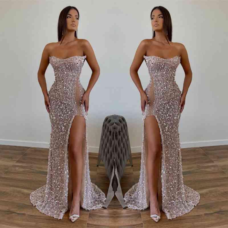 Chic Sequined Floor Length Strapless A-line Prom Dress with Front Slit
