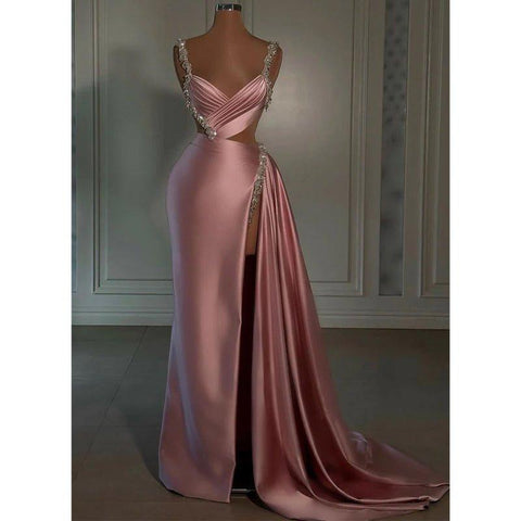 NumberSea - Chic Sheath Beaded Straps Pink Pleats Vintage Long Prom Dress Evening Gown