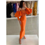 NumberSea - Chic & Sheath Off - shoulder Beaded Orange Puff Sleeves Long Gown Formal Dress