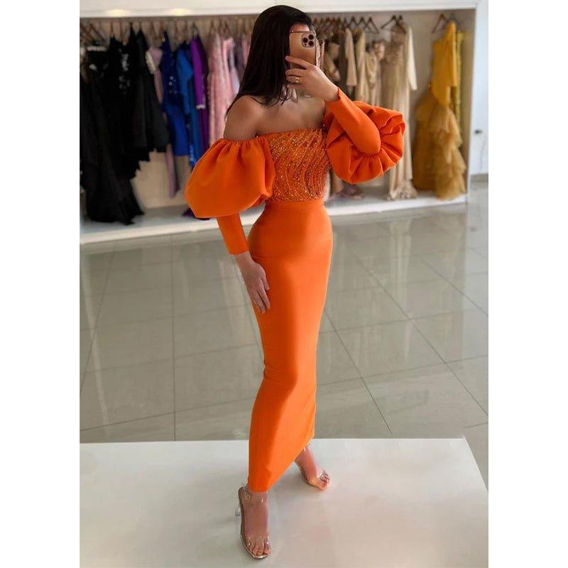 NumberSea - Chic & Sheath Off - shoulder Beaded Orange Puff Sleeves Long Gown Formal Dress