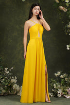 Chic Spaghetti Straps Halter A-Line Floor-length Split Bridesmaid Dress With Pockets