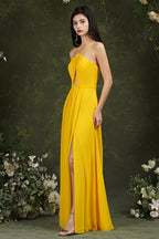 Chic Spaghetti Straps Halter A-Line Floor-length Split Bridesmaid Dress With Pockets