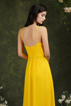 Chic Spaghetti Straps Halter A-Line Floor-length Split Bridesmaid Dress With Pockets