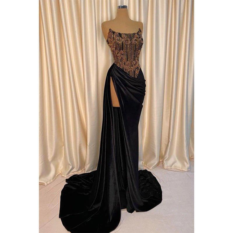 NumberSea - Chic Strapless Beads Black Long Formal Evening Gowns with Slit