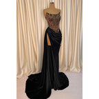 NumberSea - Chic Strapless Beads Black Long Formal Evening Gowns with Slit