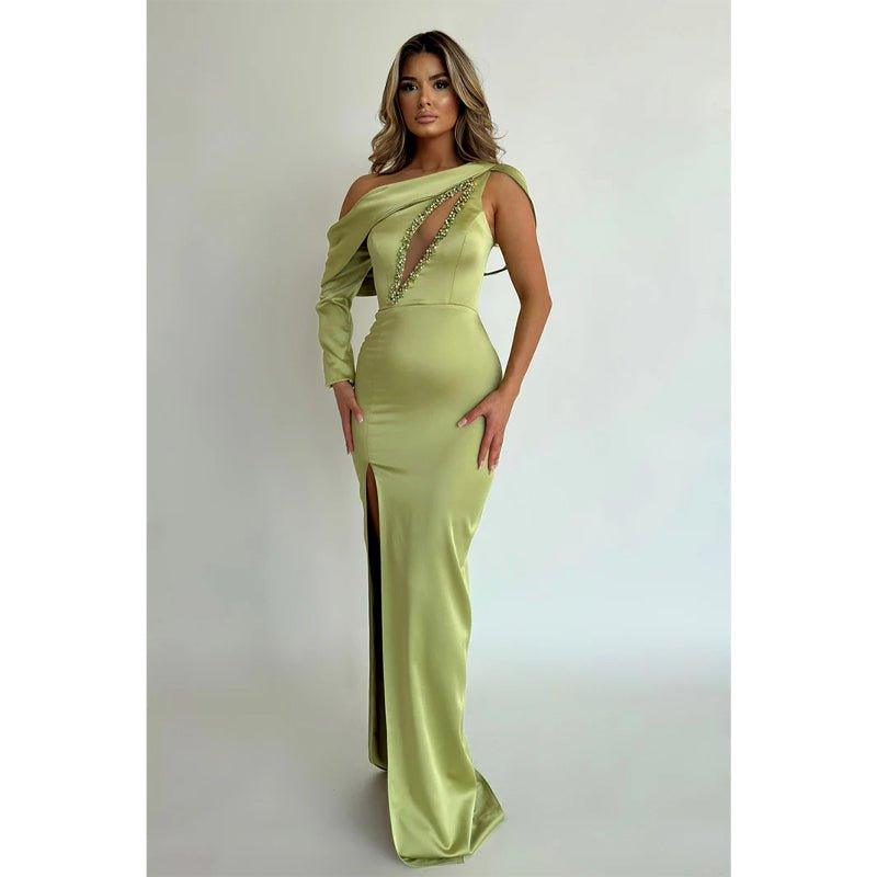 NumberSea-Chic Unique One Shoulder Satin Beaded Long Prom Dress Pageant  Dress