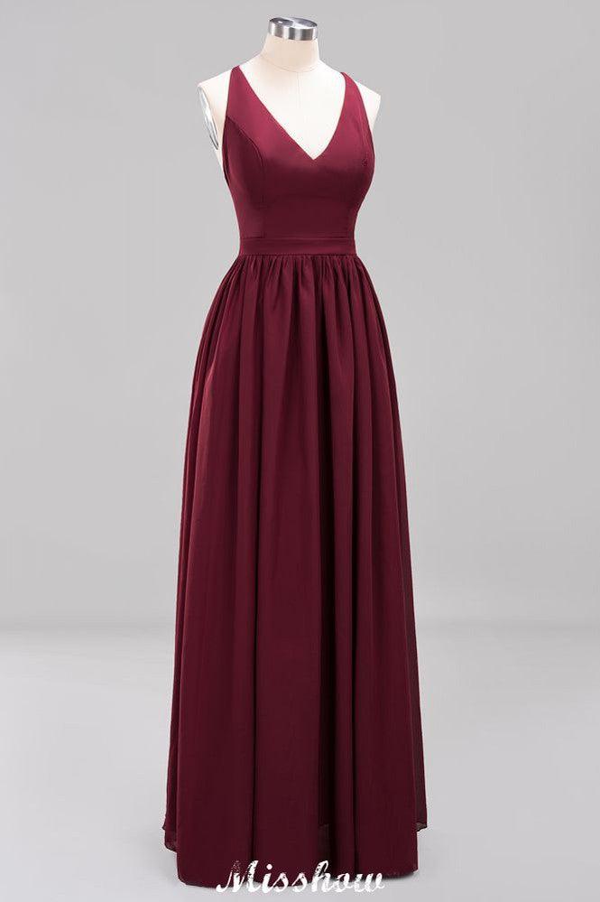 Chiffon Lace A-line Bridesmaid Dresses | V-Neck Sleeveless Floor Length Maid of the Honor Dresses