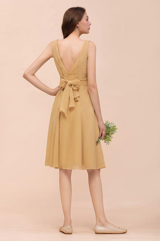 Chiffon Mini Golden Brautjungfernkleid Tägliches Freizeitkleid Ärmellos V-Ausschnitt