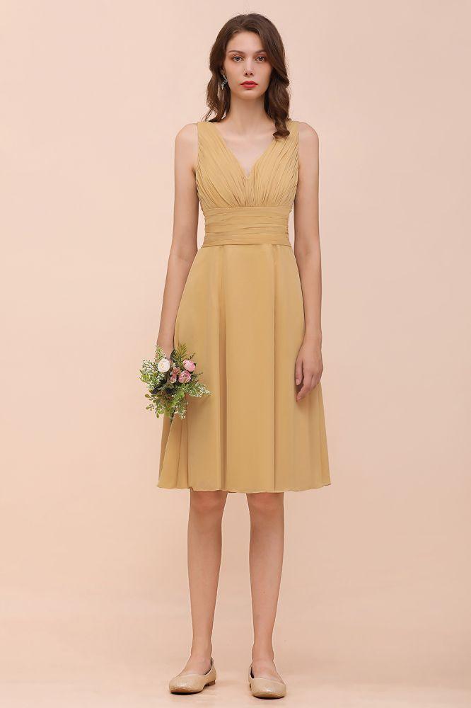Chiffon Mini Golden Brautjungfernkleid Tägliches Freizeitkleid Ärmellos V-Ausschnitt