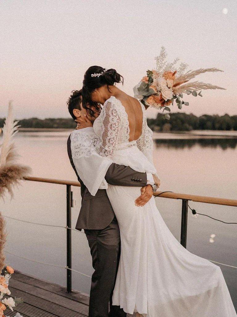 NumberSea - Chiffon Open Back Long Sleeves Simple A Line V Neck Lace Wedding Dress ﻿