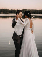 NumberSea - Chiffon Open Back Long Sleeves Simple A Line V Neck Lace Wedding Dress ﻿