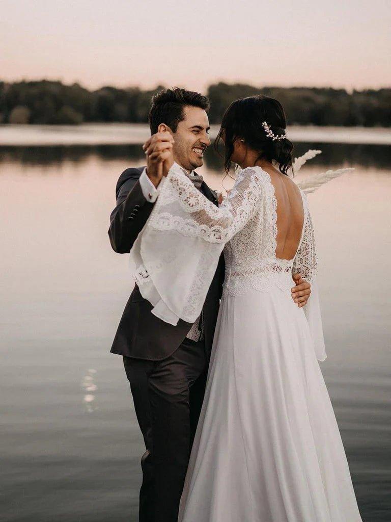 NumberSea - Chiffon Open Back Long Sleeves Simple A Line V Neck Lace Wedding Dress ﻿