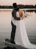 NumberSea - Chiffon Open Back Long Sleeves Simple A Line V Neck Lace Wedding Dress ﻿