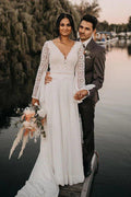 NumberSea - Chiffon Open Back Long Sleeves Simple A Line V Neck Lace Wedding Dress ﻿