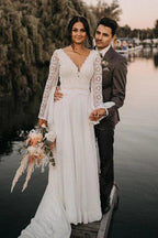 NumberSea - Chiffon Open Back Long Sleeves Simple A Line V Neck Lace Wedding Dress ﻿