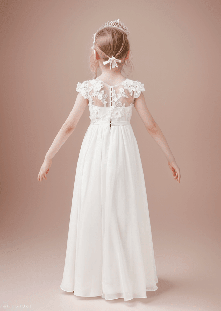 NumberSea - Chiffon Tulle Floor - length Ivory First Communion Dress