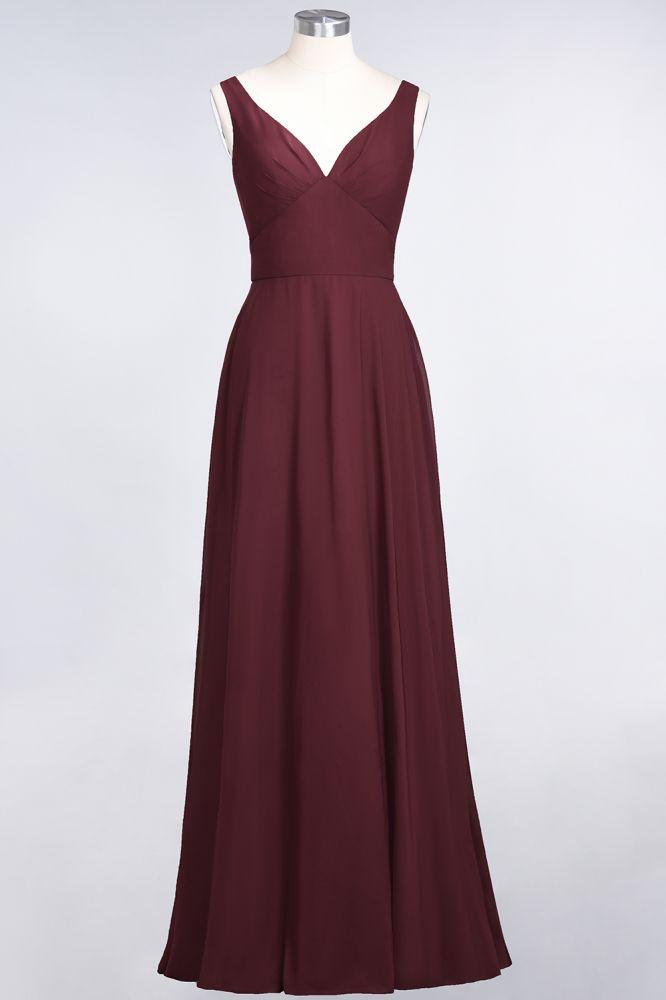 Chiffon V-Neck Straps Sleeveless Ruffles Floor-Length Bridesmaid Dress with Open Back