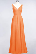 Chiffon V-Neck Straps Sleeveless Ruffles Floor-Length Bridesmaid Dress with Open Back
