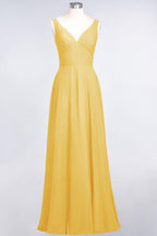 Chiffon V-Neck Straps Sleeveless Ruffles Floor-Length Bridesmaid Dress with Open Back