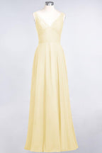 Chiffon V-Neck Straps Sleeveless Ruffles Floor-Length Bridesmaid Dress with Open Back