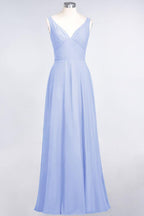 Chiffon V-Neck Straps Sleeveless Ruffles Floor-Length Bridesmaid Dress with Open Back
