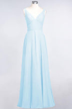 Chiffon V-Neck Straps Sleeveless Ruffles Floor-Length Bridesmaid Dress with Open Back